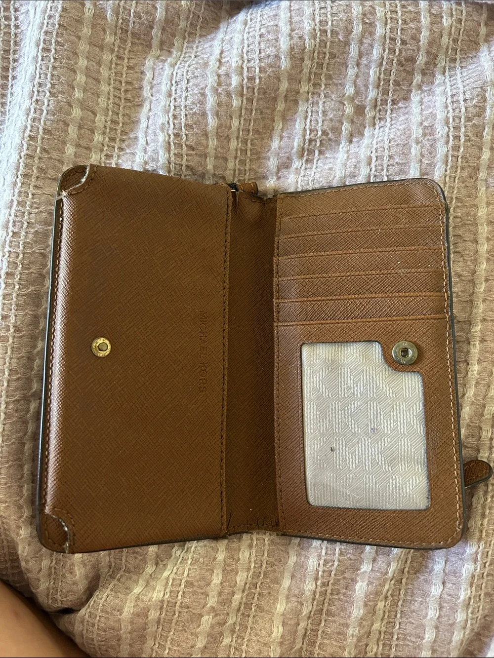 Michael Kors Brown Logo Wristlet Phone Clutch with Gold Accents